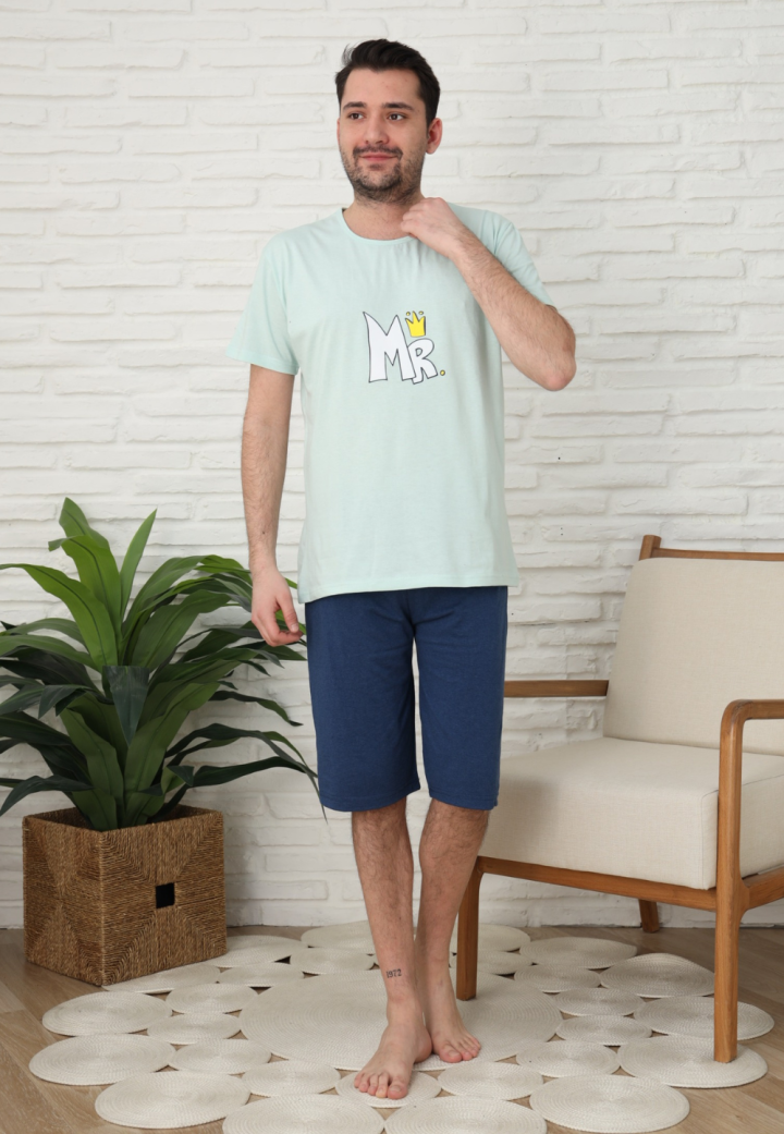 Pijama bărbați, bumbac, mânecă scurtă și pantaloni 3/4, Verde