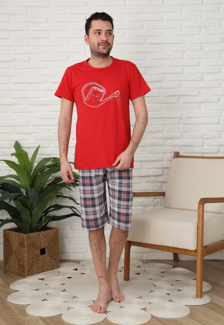 Pijama bărbați, bumbac, mânecă scurtă și pantaloni 3/4, Rosu