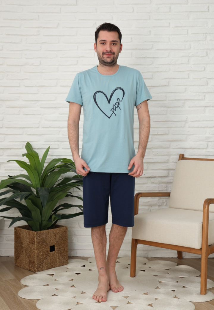 Pijama bărbați, bumbac, mânecă scurtă și pantaloni 3/4, Verde, imrpimeu inima