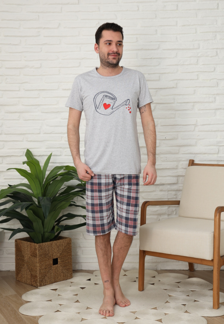 Pijama bărbați, bumbac, mânecă scurtă și pantaloni 3/4, Gri