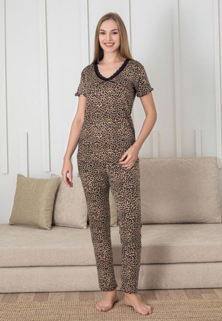 Pijama damă, model leopard, mânecă scurtă, pantaloni lungi