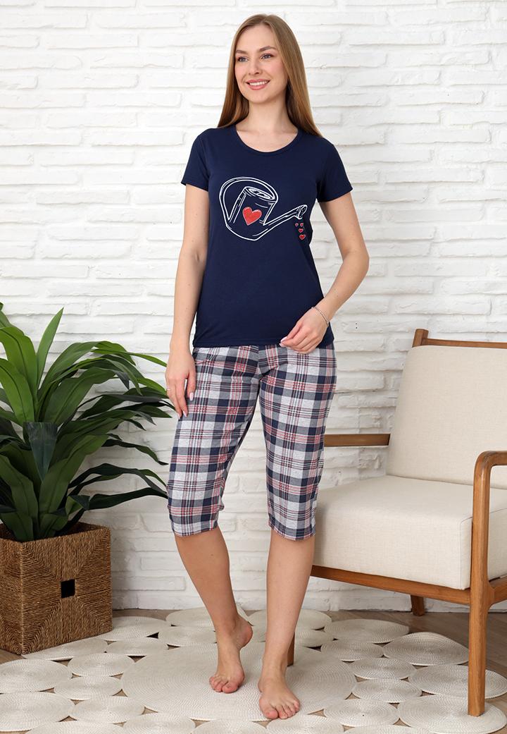 Pijama Femei, Mânecă Scurtă și Pantaloni 3/4, Culoare bleumarin