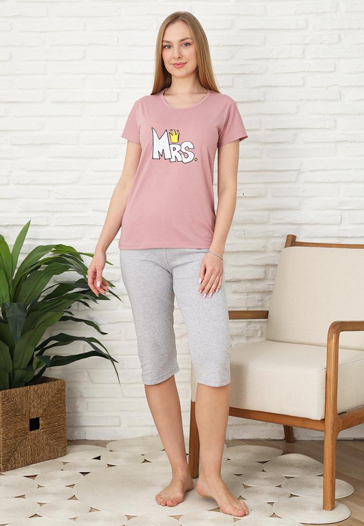 Pijama Femei, Mânecă Scurtă și Pantaloni 3/4, Culoare roz pudrat